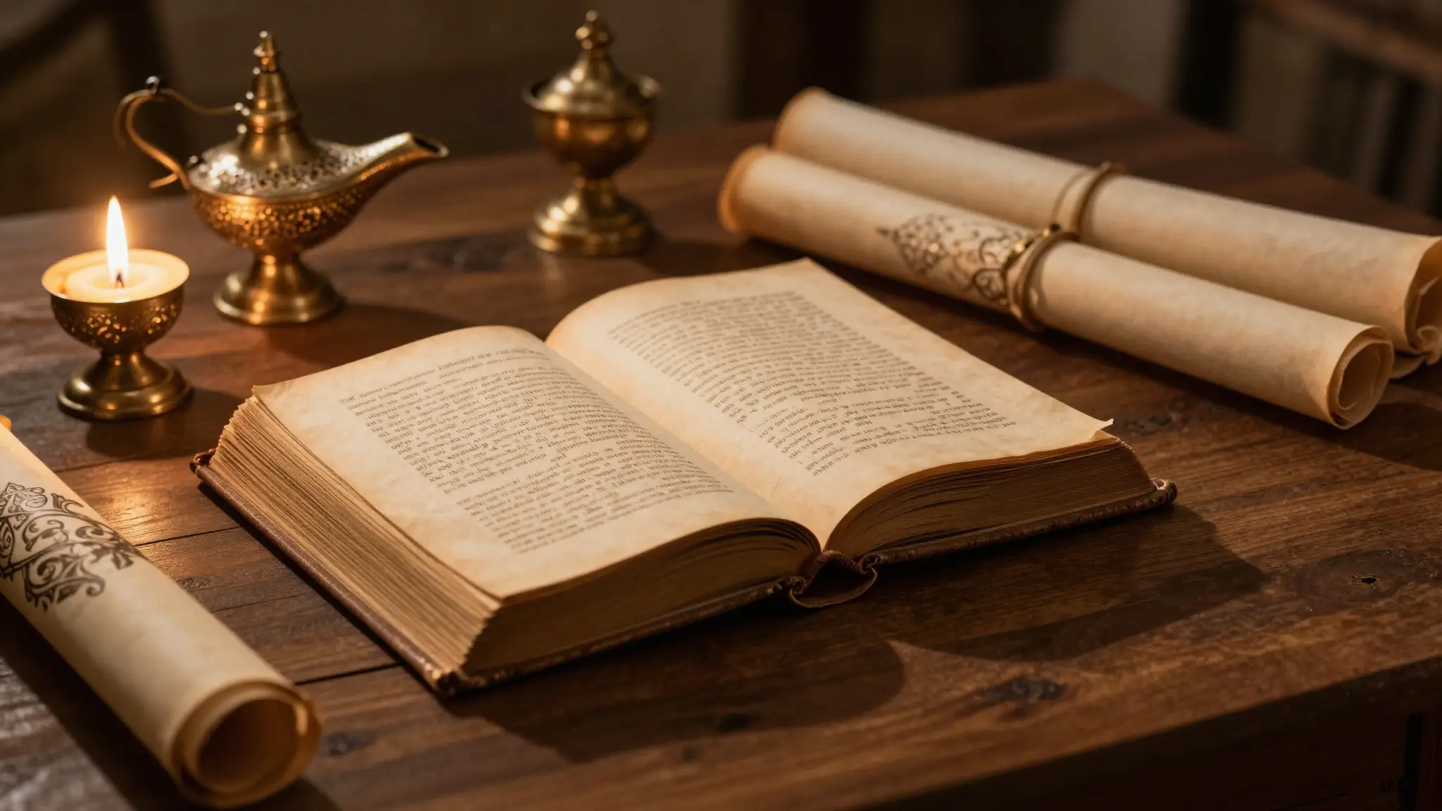 كتاب حكايات قديم مفتوح إلى جانب مصباح نحاسي في إضاءة دافئة تعبّر عن فنّ الحكي الشعبي العربي